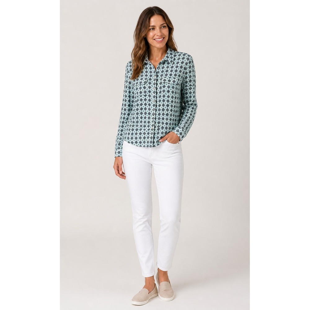 Ann Taylor LOFT Button Front Shirt Women XS Blue Geometric Print Satin Polyester